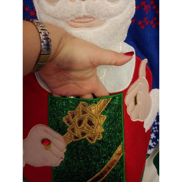 Holiday Time Santa Claus Ugly Christmas Sweater W REAL Cup Beer Holder Size M - Picture 5 of 5